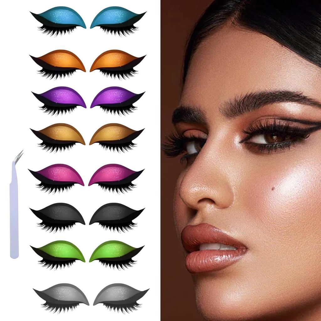 8 ชิ้น Lazy Eye Shadow Eyelash Patch, 3-in-1 แต่งตาสติกเกอร์อายแชโดว์,อายไลเนอร์,ขนตาปลอม,Reusable e