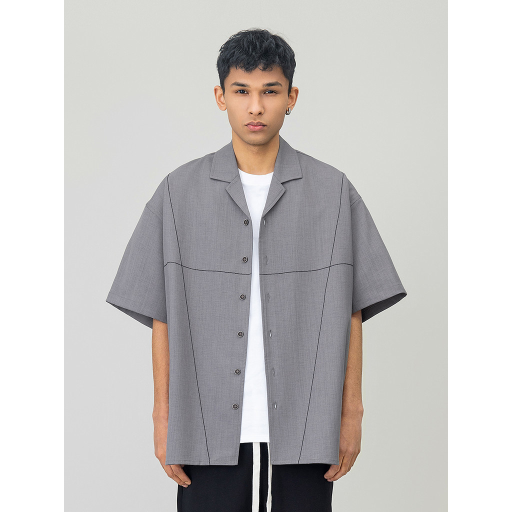 เสื้อไปทะเล เชิ้ตผู้ชาย FOH เสื้อเชิ้ตแขนสั้นชายสไตล์ไฮสตรีทสไตล์อเมริกันเสื้อเชิ้ตสีเทาคอปกแหลมทรงห