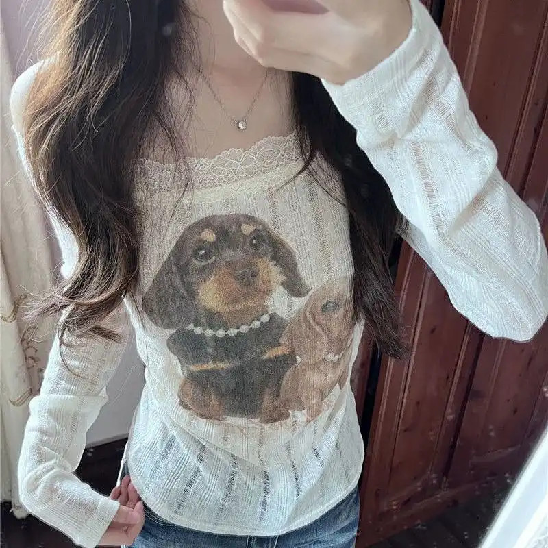 เสื้อยืดแขนยาวลายลูกไม้สำหรับผู้หญิง ออกแบบมาสำหรับต้นฤดูใบไม้ร่วง มีเอวจีบและไหล่เดียวที่สวยงาม