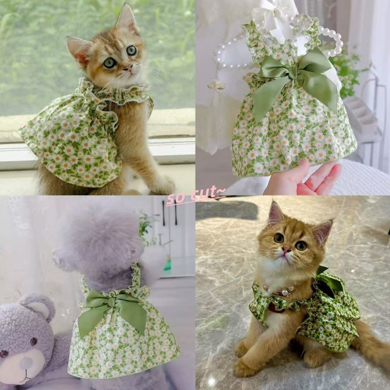 เสื้อผ้าสัตว์เลี้ยง ชุดสุนัขแมวชุดเดรสลายดอกไม้น่ารักสไตล์เจ้าหญิง
