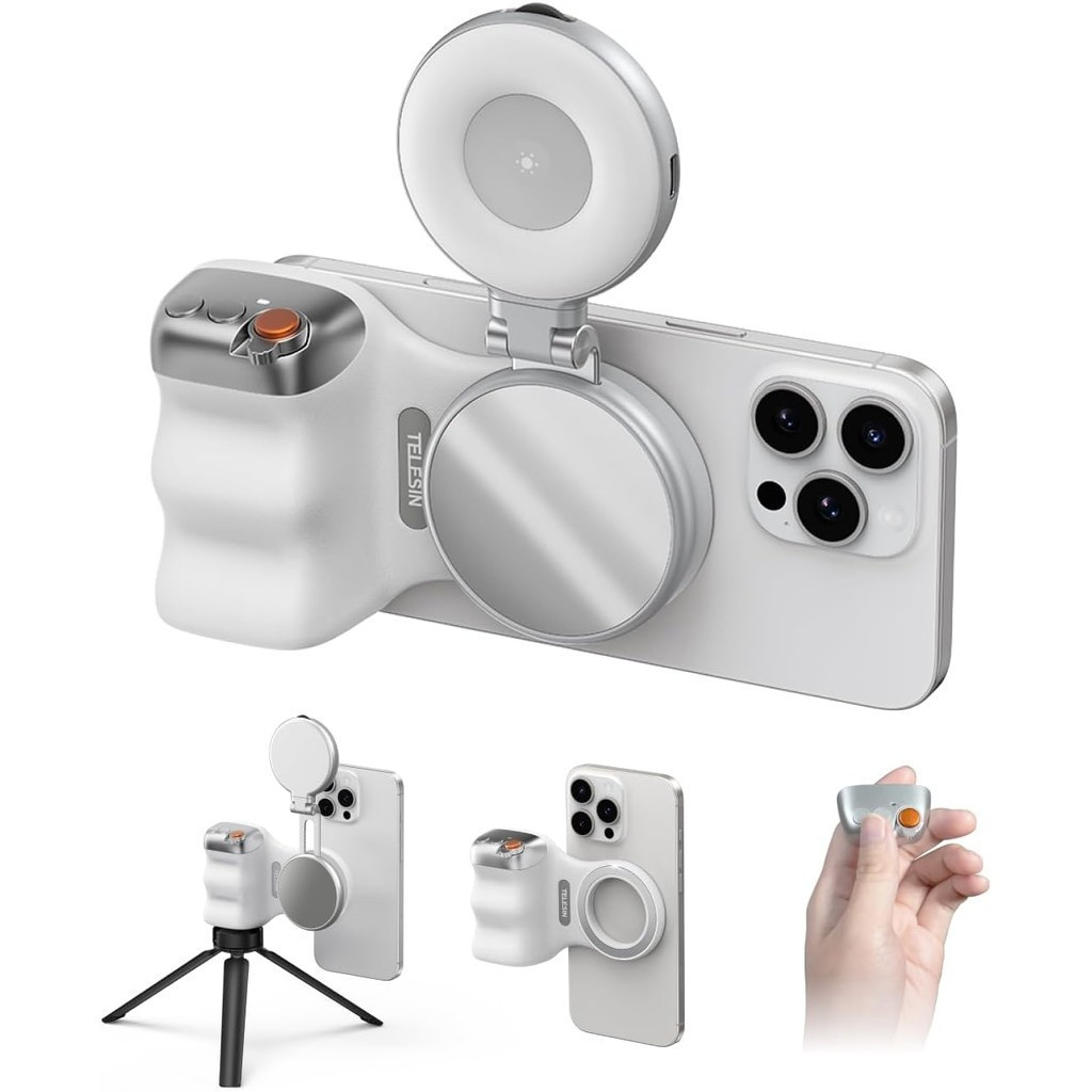 TELESIN Fun Shot Magnetic Phone Camera Grip + C03 Magnetic Selfie Light (สีเงิน) Bundle Kit เข้ากันไ