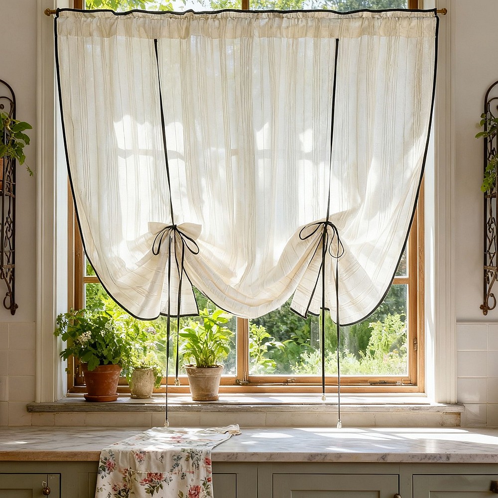 วอลแวนซ์ผ้าม่านแนวนิยtrap;แนวโบฮีเมียน สีดำ แบบโปร่งบาง มัดกระบอก ใช้ตกแต่งหน้าต่างห้องครัว