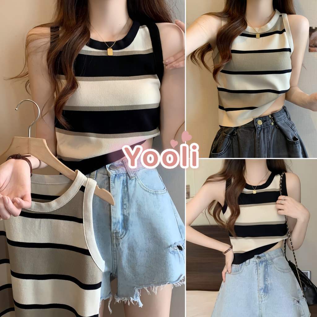 เสื้อกล้ามครอปไหมพรม คอกลม ดีเทลลายทาง ยืดพอดีตัว สไตล์ลำลอง สไตล์เกาหลี" Y6611