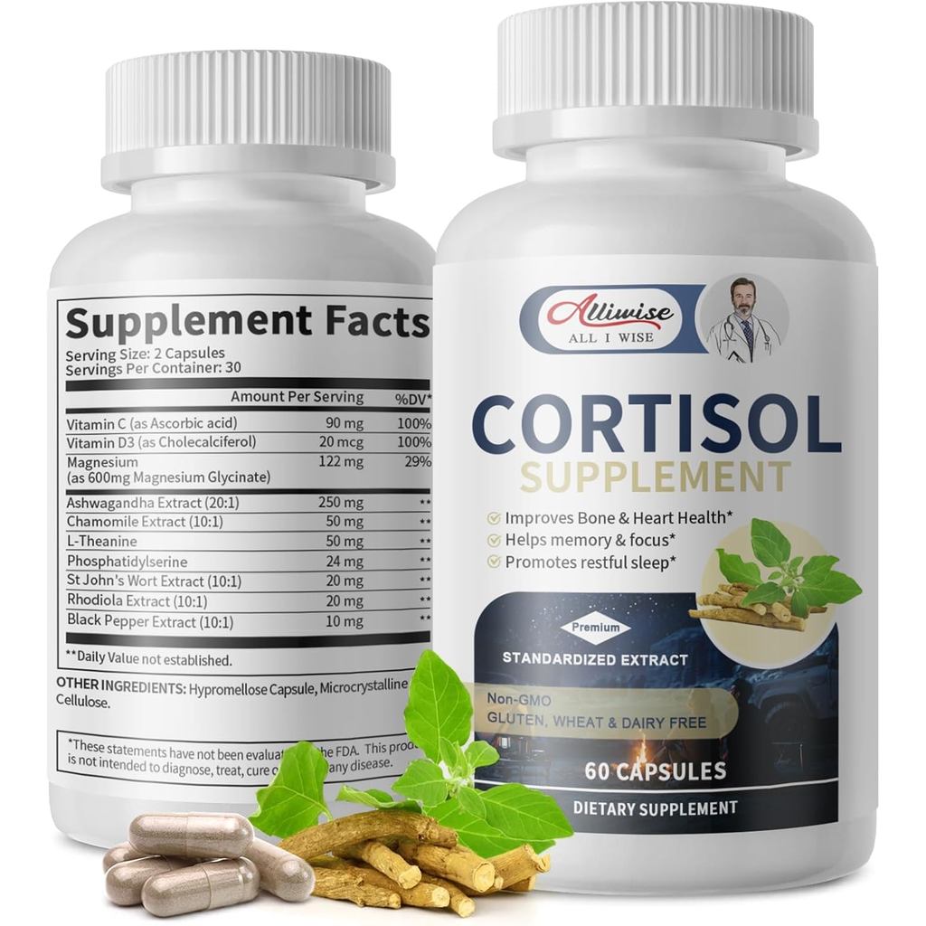 อาหารเสริม Cortisol สําหรับผู้หญิงและผู้ชาย,ผู้จัดการคอร์ติซอลพร้อมแมกนีเซียม, Ashwagandha,Rhodiola,