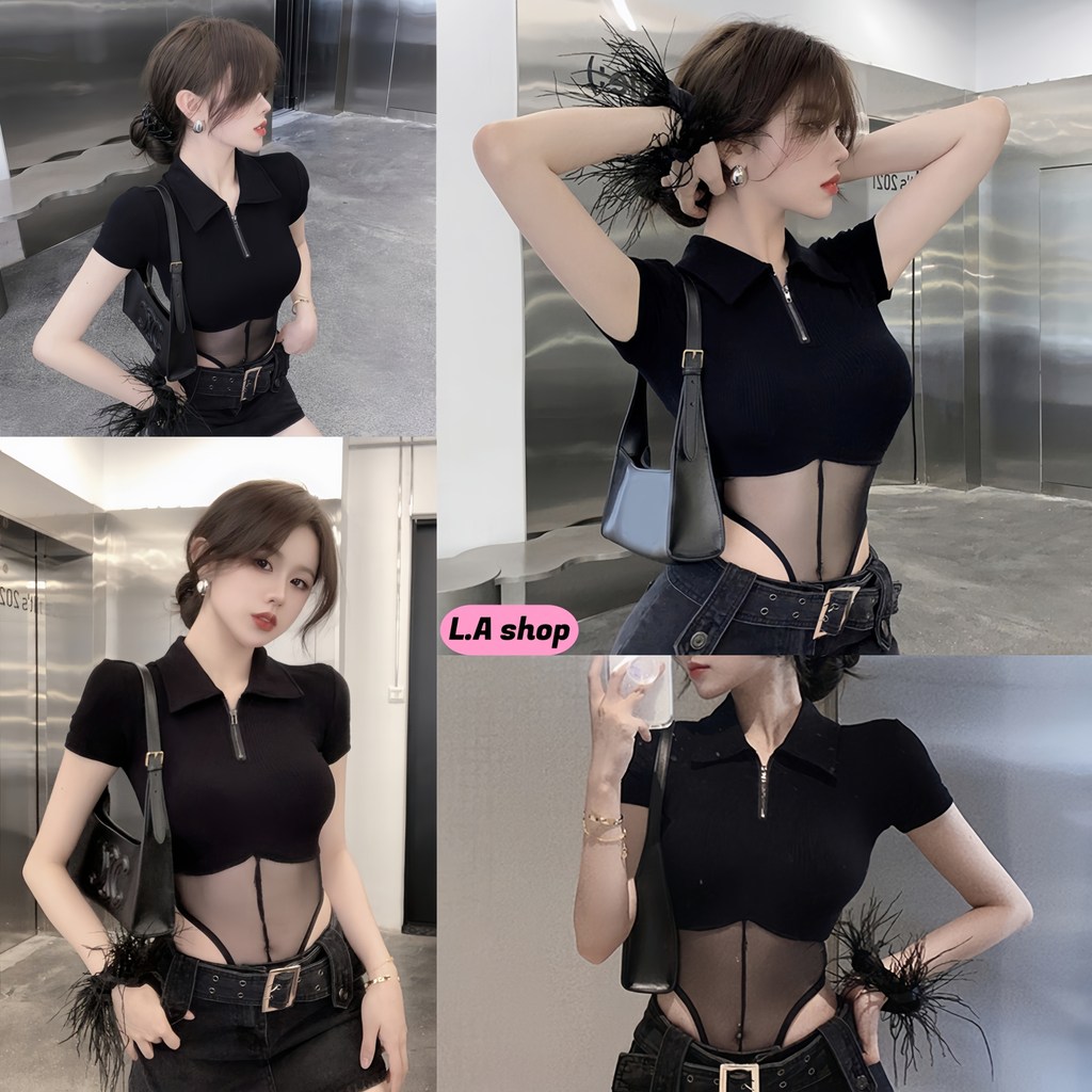 L.A Shop★เสื้อคุณภาพดี ชุดบอดี้สูท ดีเทลซีทรู ทรงรัดพอดี เซ็กซี่ ดำ "FY9080"