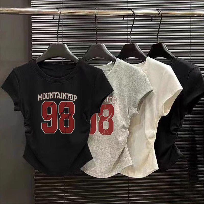 เทรนด์แฟชั่น ตัวเลขยอดนิยมล่าสุดในฤดูร้อน เสื้อคอกลม จับจีบ ทรงสลิมฟิต พิมพ์ลาย สำหรับผู้หญิง