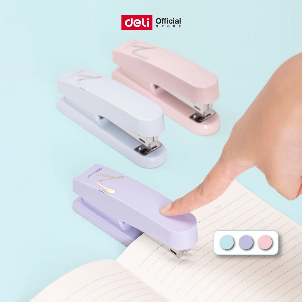 เครื่องเย็บกระดาษ Deli รุ่น E0402F ใช้ลวดเย็บเบอร์ 24/6 - 26/6 สีมาการอง เย็บได้ 25-30 แผ่น (3 สี)