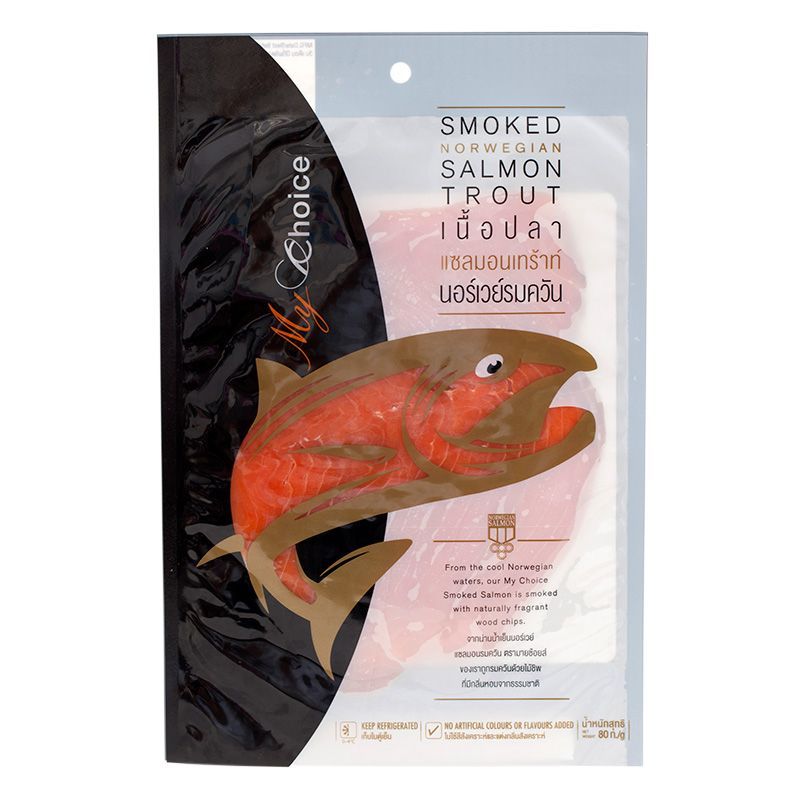 มายช้อยส์เนื้อปลาแซลมอนเทร้านอร์เวย์รมควัน 80ก My Choice Smoked Norwegian Salmon Trout 80g. [8853474048083 ]