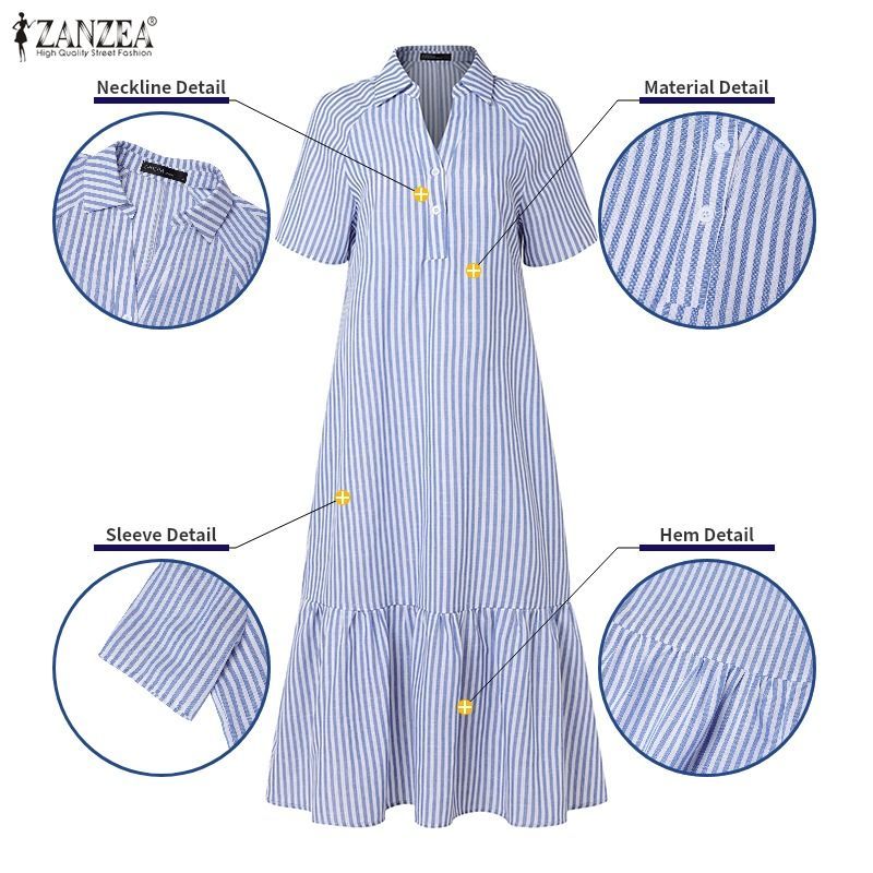 ZANZEA ผู้หญิงเกาหลีชุดลําลองแขนสั้นครึ่งกระดุม Ruffles Hem A-Line ชุดเดรสลายทาง — صورة 7