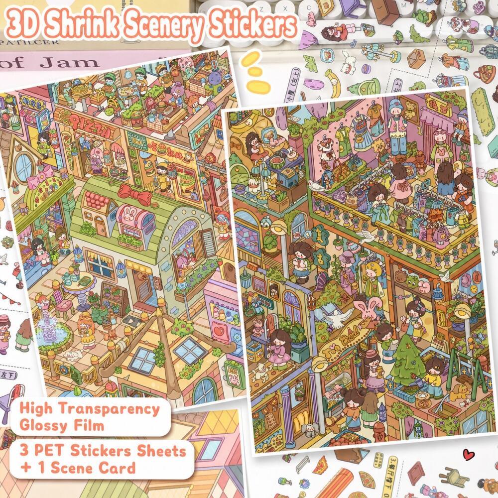 KOWEI 5 ชิ้น [Happy Food Street Series] สติ๊กเกอร์ภูมิทัศน์ Vintage ร้านเสื้อผ้าสาวขนาดใหญ่ Journal เครื่องเขียนตกแต่ง