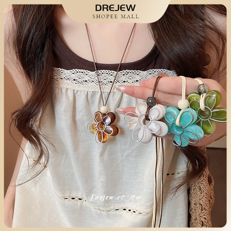 DREJEW สร้อยคอยาวผู้หญิง จี้ดอกไม้ ดีไซน์เชือกเรียบง่าย สไตล์วินเทจสบายๆ แฟชั่น เหมาะสวมใส่ประจำวัน