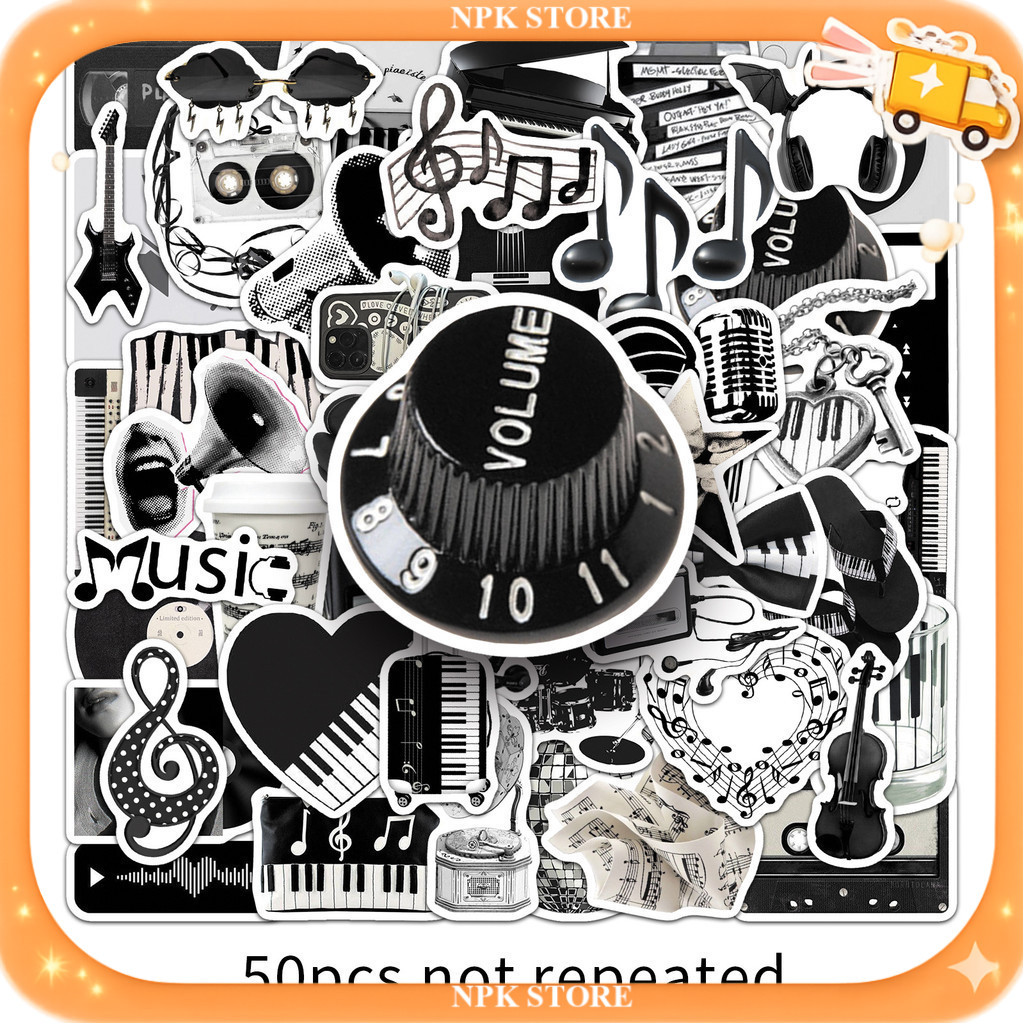 🔥🇹🇭พร้อมส่ง🇹🇭🔥 50แบบ Sticker ขาวดำ เครื่องดนตรี กีตาร์ เปียโน  Black White Music Notes Instrument