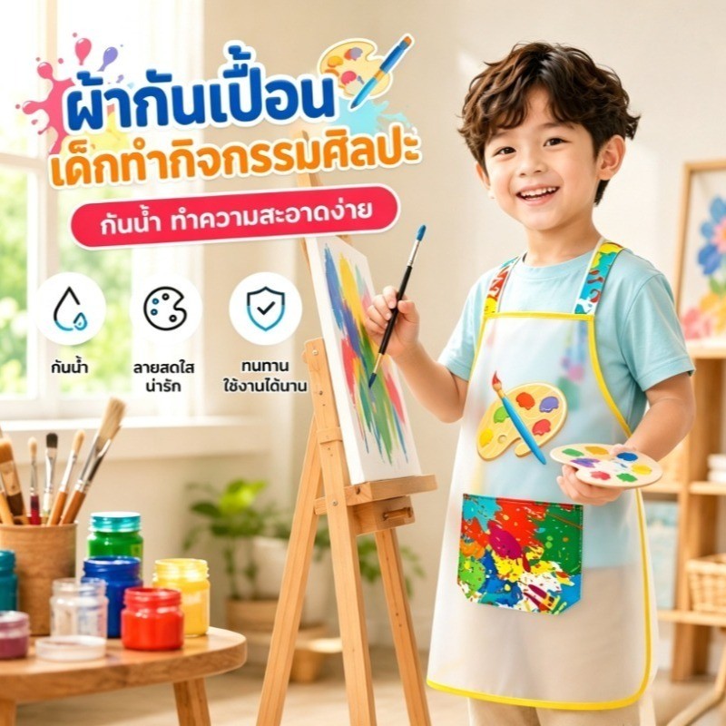 COD ผ้ากันเปื้อนเด็กกันน้ำ งานศิลปะ สายปรับได้ ซักง่าย เย็บประณีต กันเปื้อน วัย 4-15 ปี