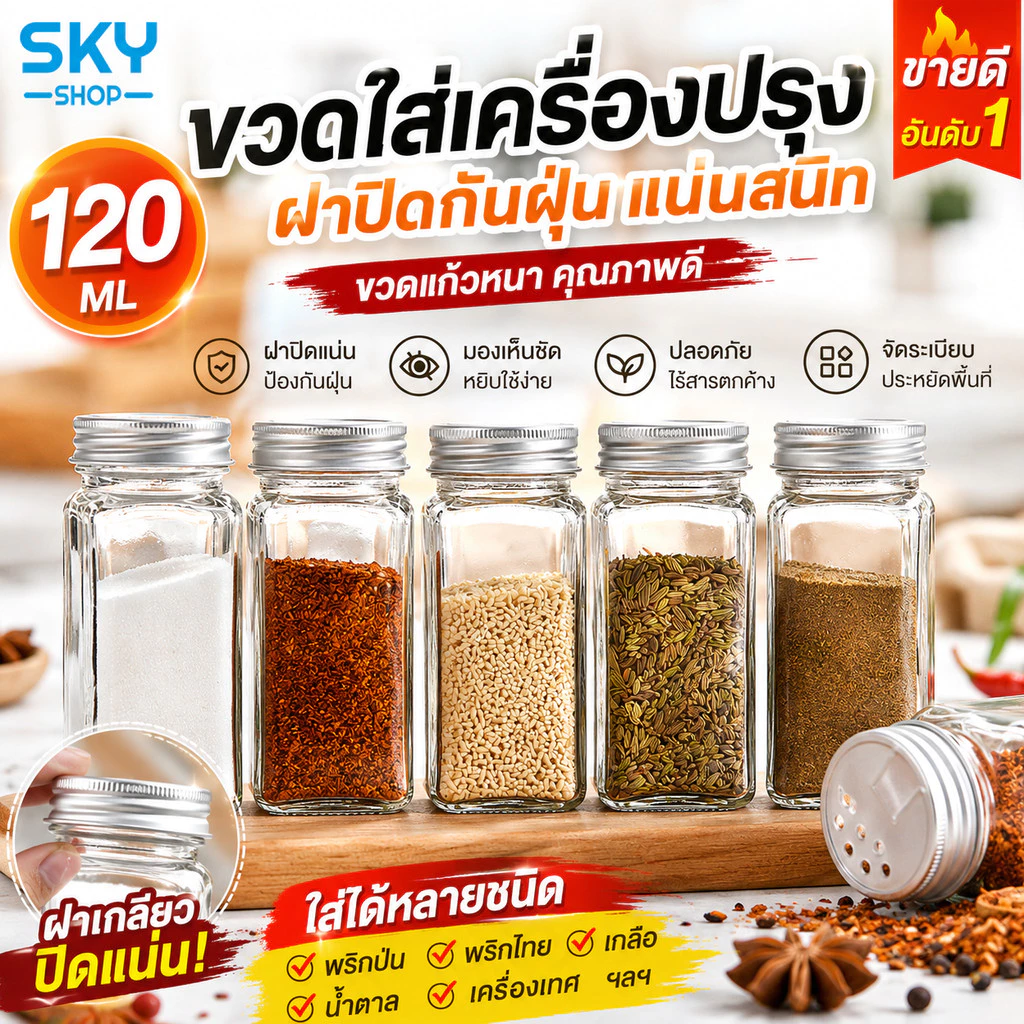 SKY ขวดใส่เครื่องปรุงแก้ว 120ML พร้อมฝาปิดกันฝุ่น ขวดใส่พริกป่น ขวดใส่พริกไทย ขวดใส่เครื่องเทศ ขวดแก้วหนา Spice Bottle