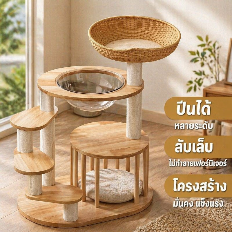 คอนโดแมว Cat Tower ที่ปีนแมว โครงปีนแมว ที่ลับเล็บแมว รังแมวแคปซูล บันไดหมุน วัสดุไม้