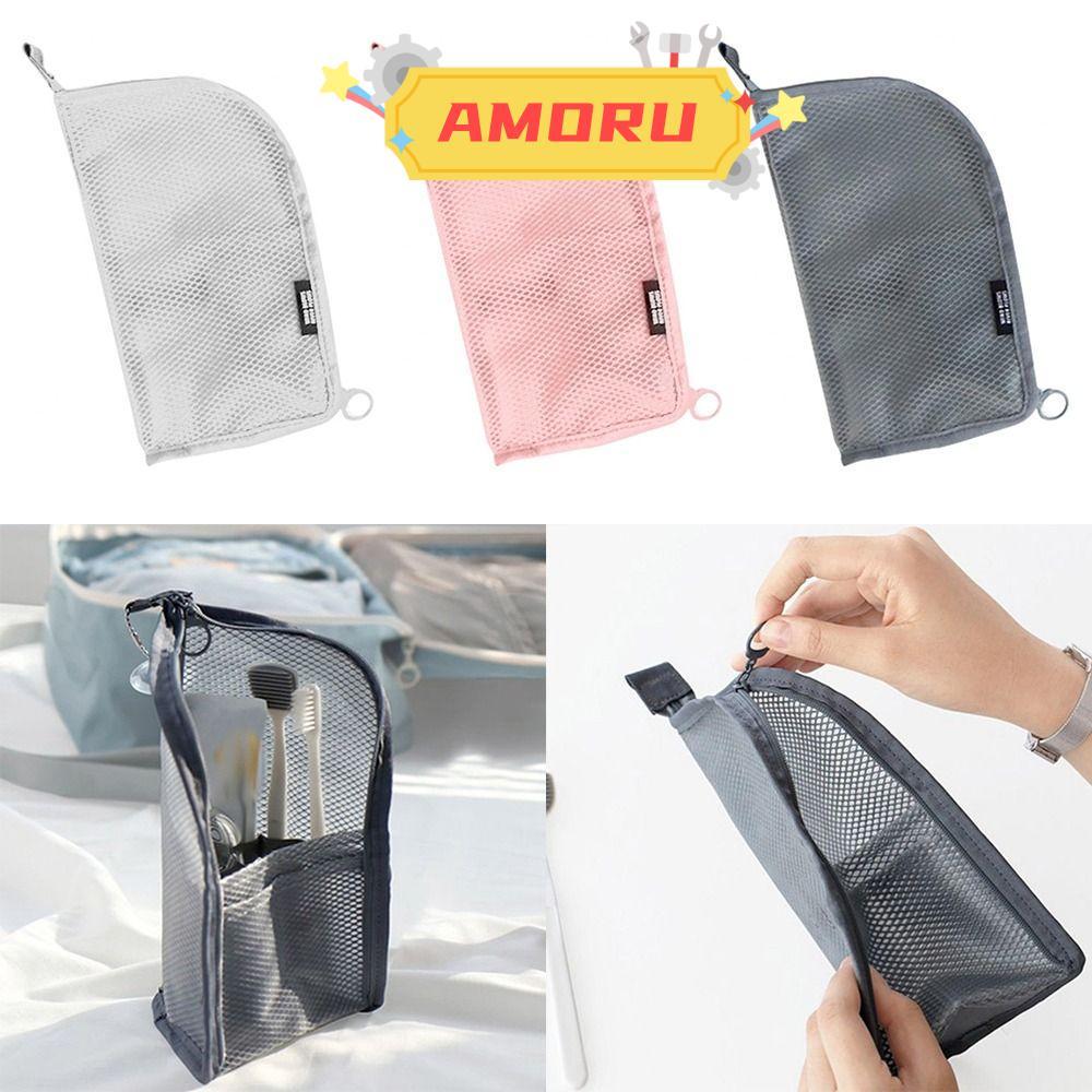 AMOR12U7 กระเป๋าแปรงแต่งหน้า, Stand Mesh Cosmetic Bag, Portable Washing Organizer Zipper Storage Bag