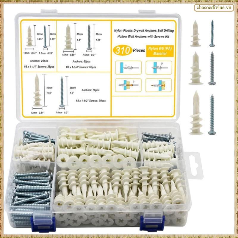 [KYGX] 3 ขนาด Self Punching Drywall Anchors, 310PCS Nylon Plastic Wall Anchors และสกรูสําหรับ Drywal