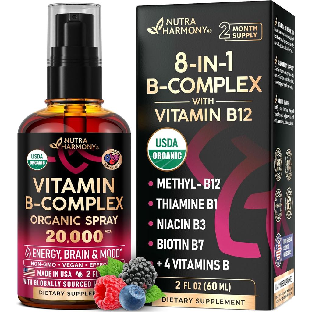 USDA Organic Vitamin B Complex Liquid Spray 8 in1-B5 Pantothenic Acid | บี12 เมทิลโคบอล | ข1 ธราติน 