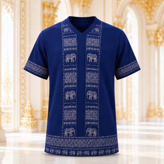 เสื้อพื้นเมืองไทยคู่ชายหญิง สีกรมท่า ลายช้างไทย เสื้อชาติพันธุ์คอวีแขนสั้น ผ้านุ่มใส่สบาย แฟชั่นไทยประยุกต์ ใส่เที่ยววัด