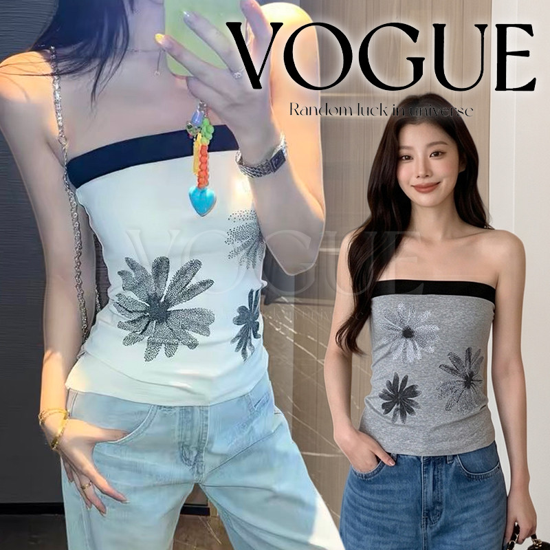 Vogue พร้อมส่ง เสื้อเกาะอกดีไซน์พิมพ์ลายดอกไม้น่ารักๆ สไตล์สาวแซ่บ เสริมฟองน้ำในตัว (FY663)