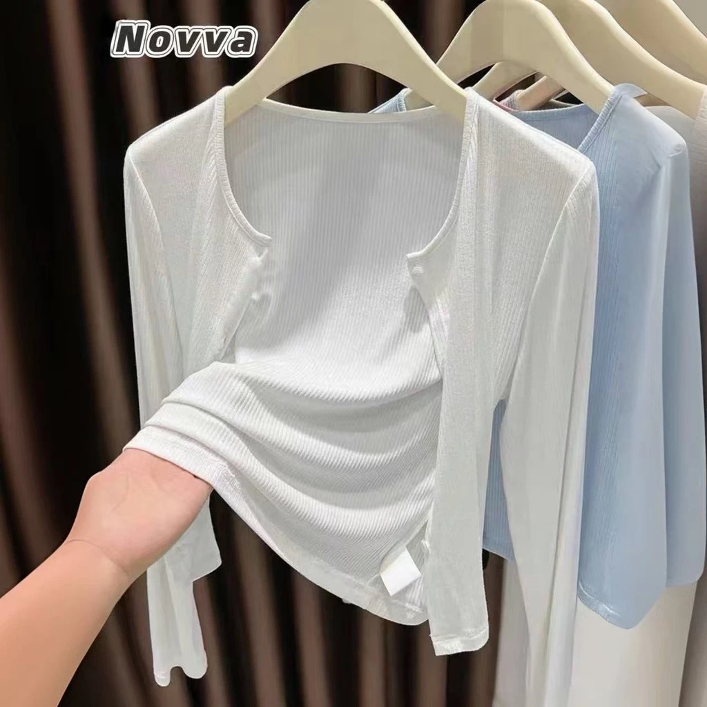 ส่งไวจากไทย สไตล์ใหม่ เสื้อยืดผู้หญิง แขนยาว เสื้อคาร์ดิแกนแจ็คเก็ตบางเสื้อผ้าป้องกันแสงแดดผ้าคลุมไหล่ผู้หญิง🎀Novva