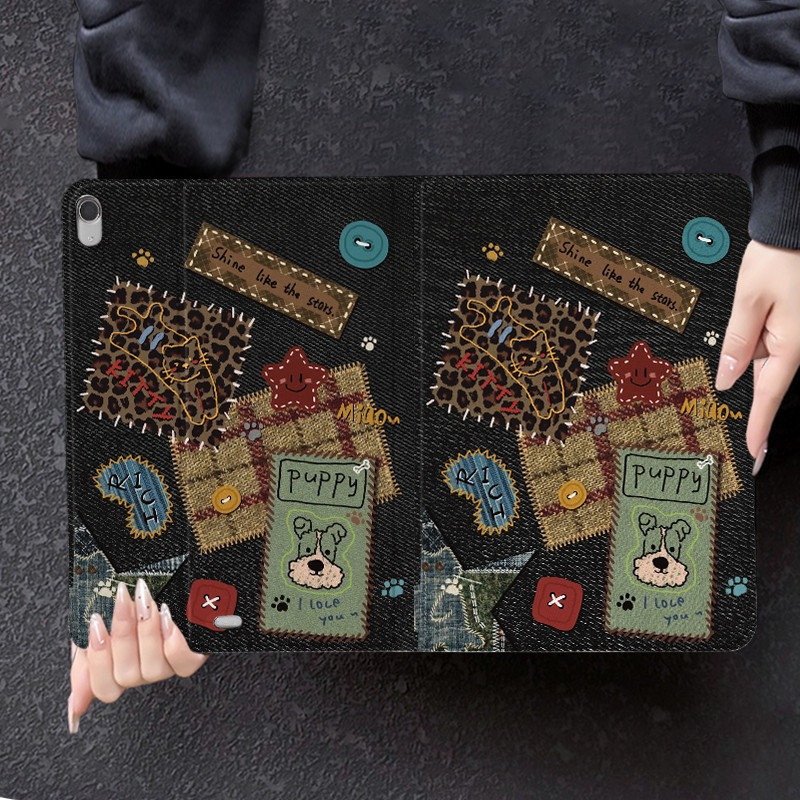 เคสสําหรับไอแพด ลายเดนิมสีดำ หมา สนุก เคสฟิล์มแข็งกระจก for iPad Gen11/10/9/8 Air Mini7/6/5/4 3/2/1 Pro11/13 ส่งของทันที
