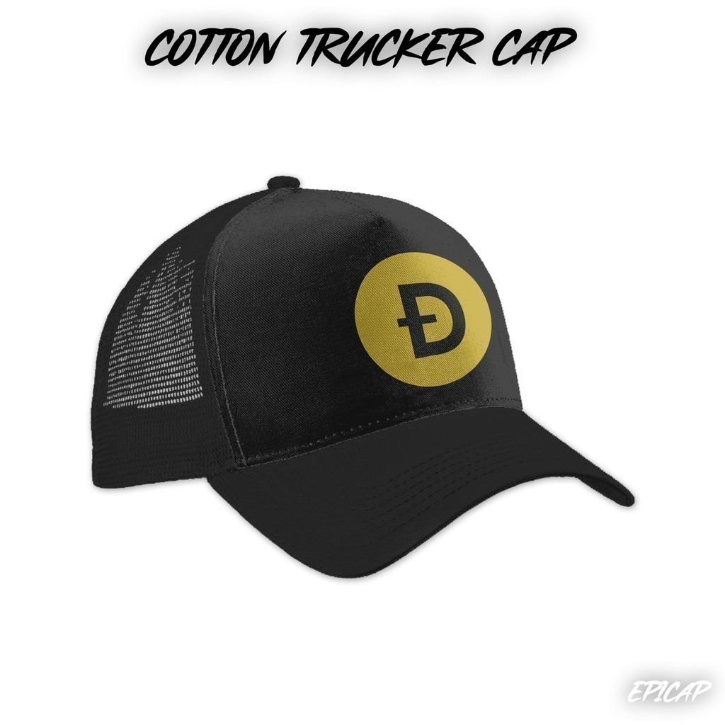 แฟชั่น 2026 DogeCoin Crypto BTC Gold Print Black Cotton Trucker Cap