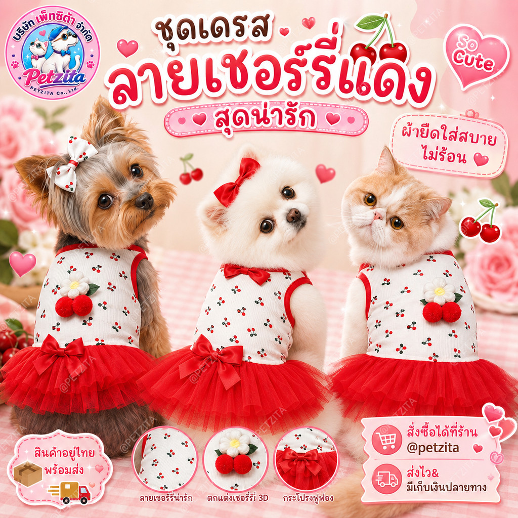 🇹🇭พร้อมส่ง🇹🇭 🍒 มินิเดรสเชอร์รี่แดง ผ้าร่องยืดใส่สบาย แต่งดีเทลน่ารัก ♥️ เสื้อผ้าสัตว์เลี้ยง สุนัข ชุดหมา ชุดแมว