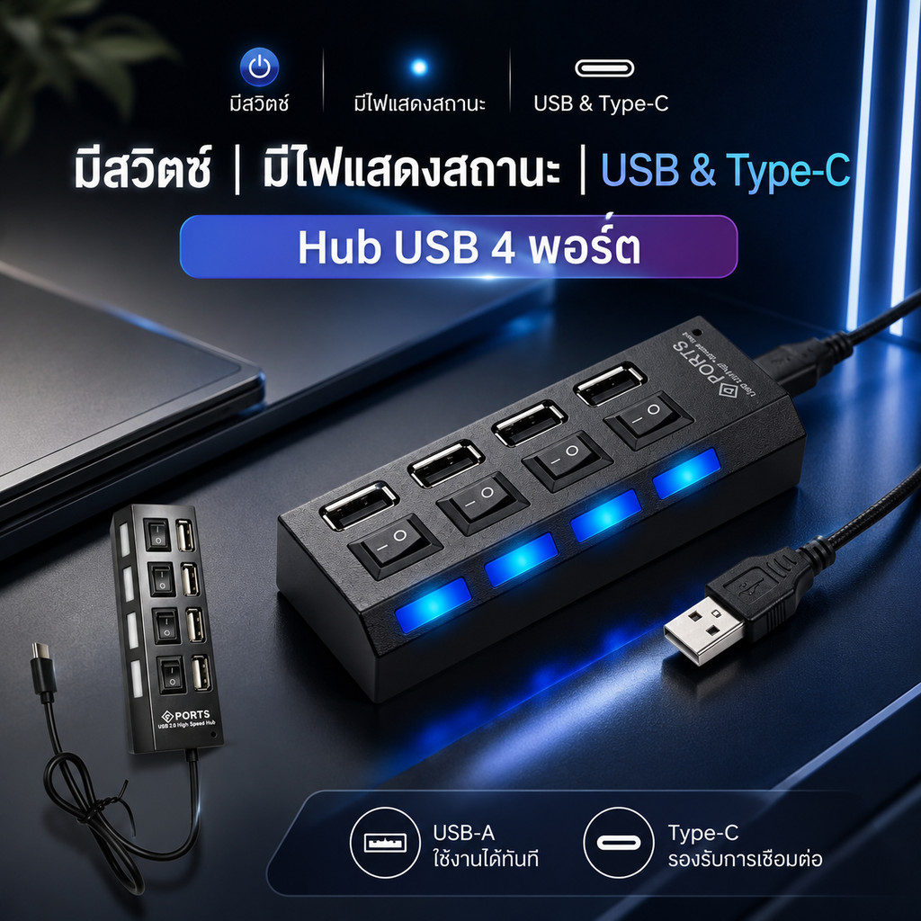 ฮับ USB 2.0 4 พอร์ต มีสวิตช์แยก พร้อมไฟแสดงสถานะ Plug & Play สำหรับ Laptop PC MacBook ME034