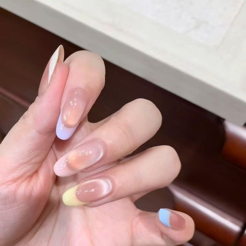 ทำด้วยมือ เล็บสวมใส่ โดปามีน สีพาสเทล ฝรั่งเศส เล็บแมวตา สไตล์หวาน มินิมอล สไตล์อินสตาแกรม นำกลับมาใช้ใหม่ เล็บปลอมสวมใส่ประจำวัน ดูหรูหรา