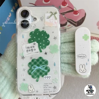 สไตล์เกาหลี กระต่ายน้อยใบโคลเวอร์สี่แฉก ขาตั้ง For iPhone 17 16 15 14 13 12 11 pro max เคสโทรศัพท์ ปลอกกันกระแทกน่ารัก