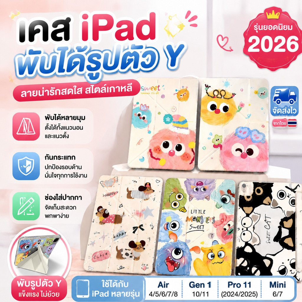 NEW✅เคสไอแพด Air6-7 11"/ Pro11/gen10/gen11/Air4/5หลังใส พับ Yกันงอพร้อมช่องใส่ปากกา ชาร์จปากกาได้เลย