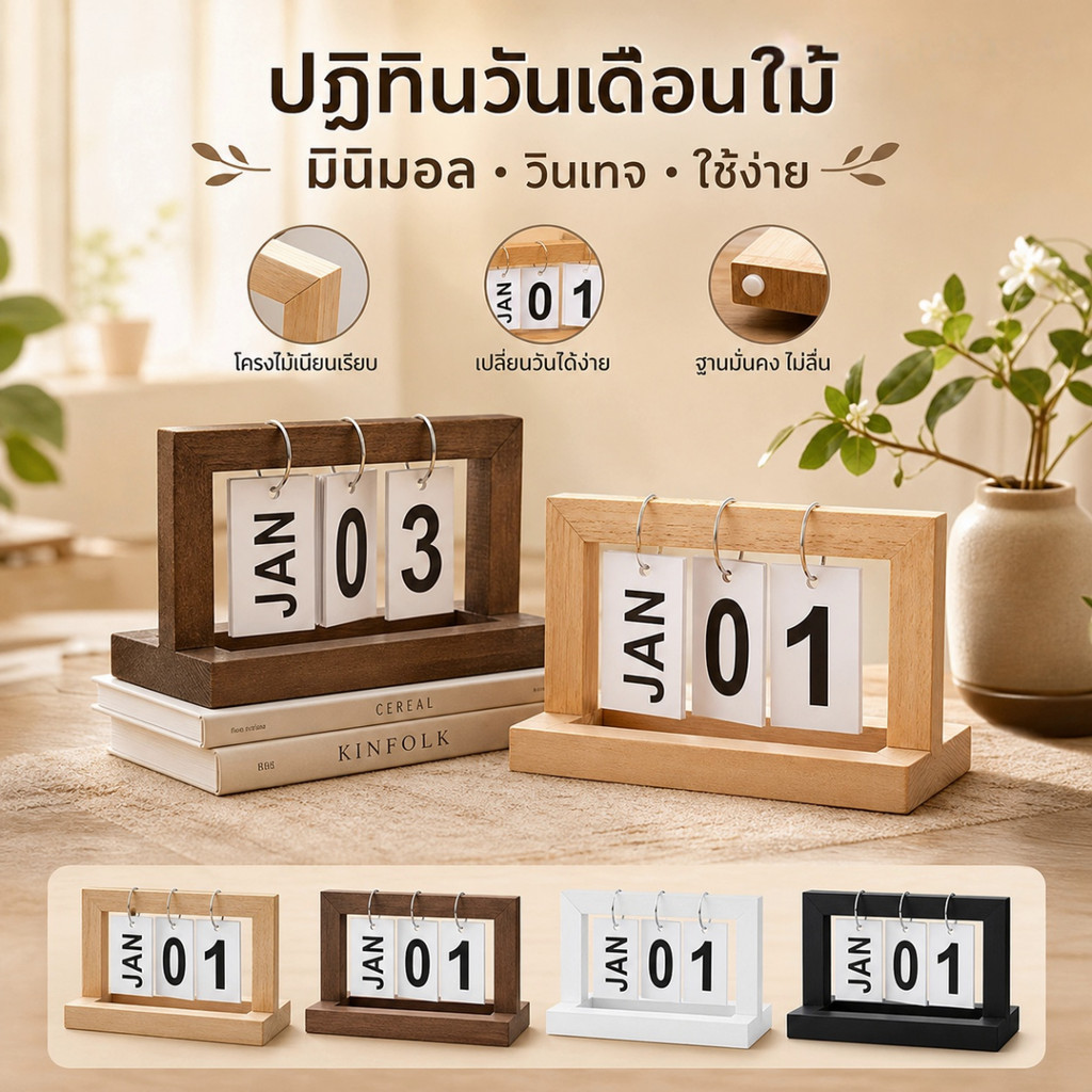 ปฏิทินไม้ธรรมชาติแบบพลิกวันที่ สไตล์เรโทร สำหรับตั้งโต๊ะ ตกแต่งร้านกาแฟ ห้องเรียน