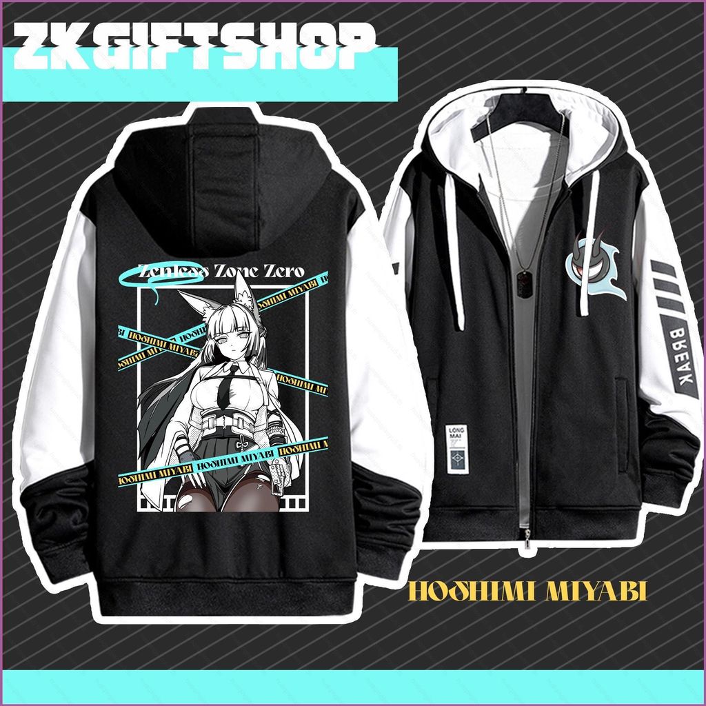 Zenless Zone Zero ZZZ Hoshimi Miyabi เสื้อคลุมซิปมีฮู้ดวาดด้วยมือ