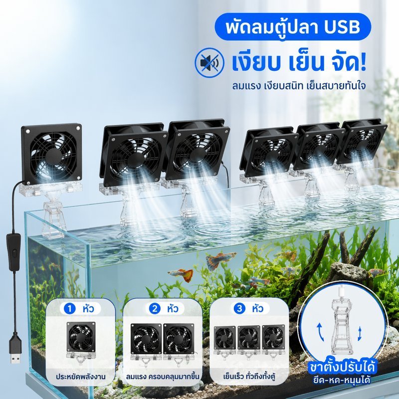 พัดลมตู้ปลา USB ระบายความร้อน 1 2 3 หัว ปรับแรงลมได้ เสียงเบา คลิปหนีบขอบตู้