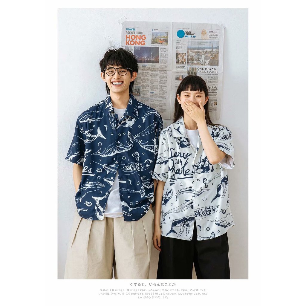 Street Wear 714street Men Hawaii Summer Retro Loose All-Match พิมพ์ปลาวาฬผู้ชายผู้หญิงเสื้อแขนสั้น