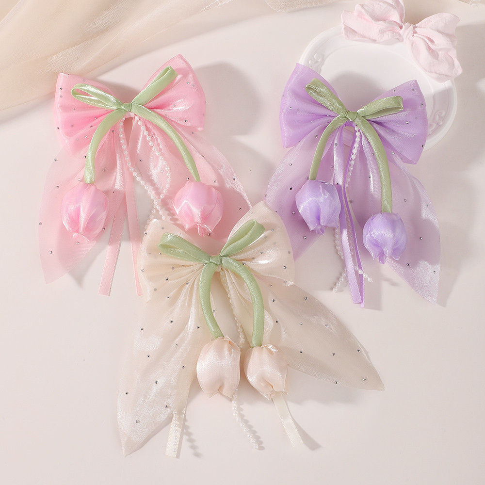 1ชิ้นทิวลิปกุทัณฑ์กิ๊บผมวงสําหรับสาวๆแฮนด์เมดGrosgrainริบบิ้นลูกไม้ชีฟองสง่างามสตรีอุปกรณ์ผม