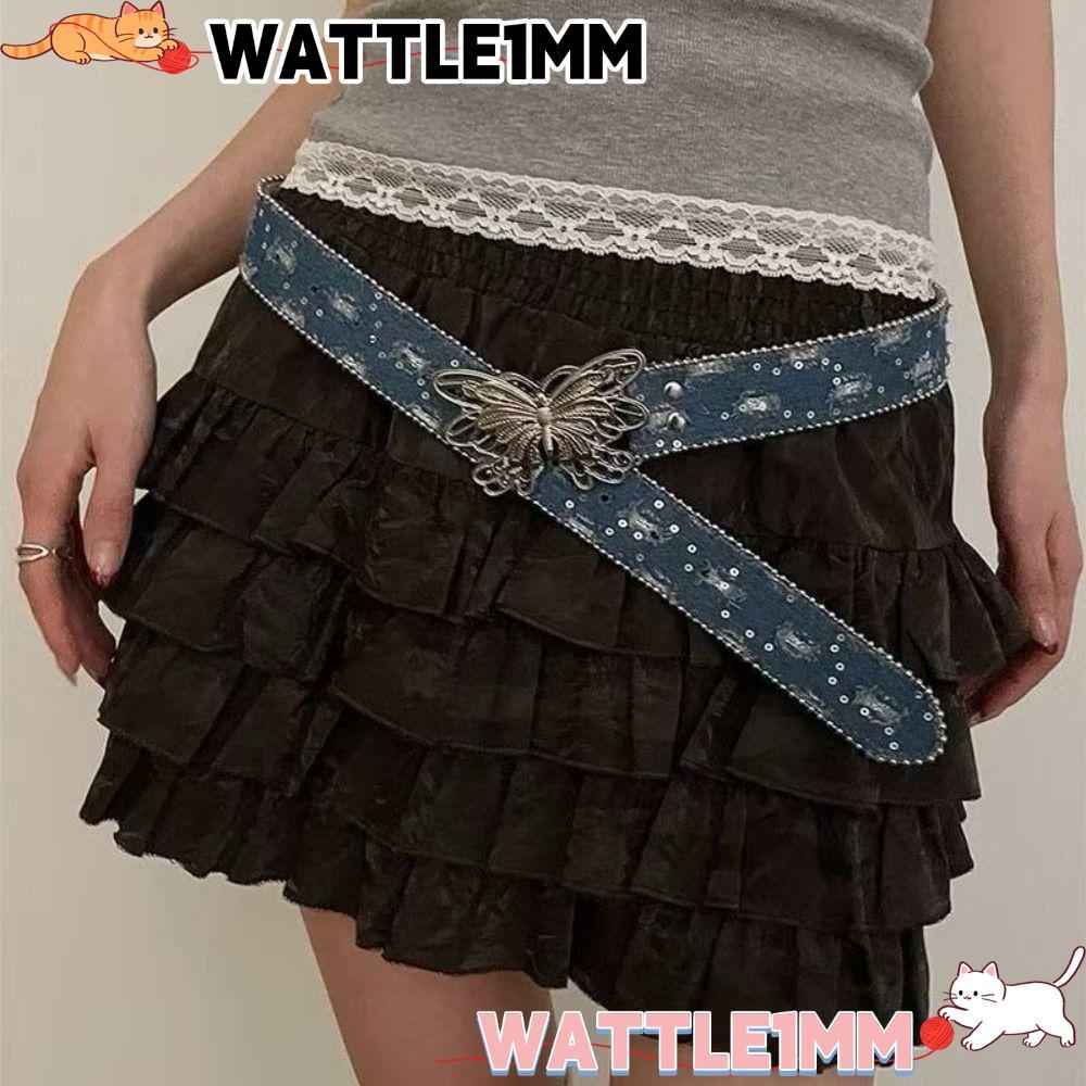 WATTLE1MM Hip Hop Punk Belt, Butterfly Sequins Retro Fashion Belt, Y2K Patchwork Denim Wide Edge เข็