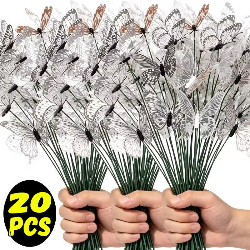 Hollow Butterfly Shaped Garden Decor Stakes - โปร่งแสง PVC Leaf Vein Texture Butterflaies Plugins