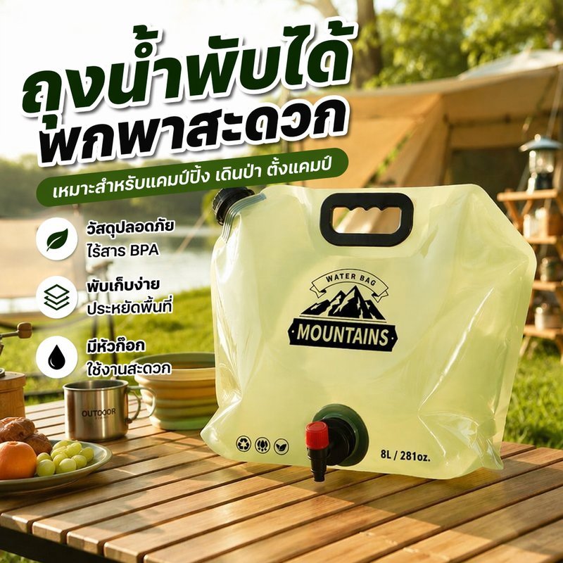 ถุงเก็บน้ำพับได้ 8L พร้อมก๊อก พกพา แคมป์ปิ้ง กลางแจ้ง PET PE หนา ทนทาน จุเยอะ