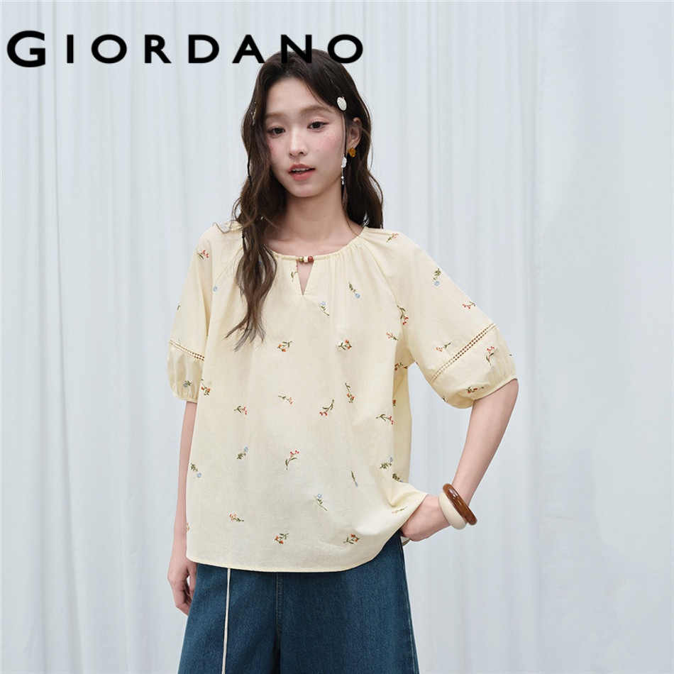 GIORDANO WOMEN 【Online Exclusive】Embroidered beaded round neck raglan mid-length sleeve woven shirt 