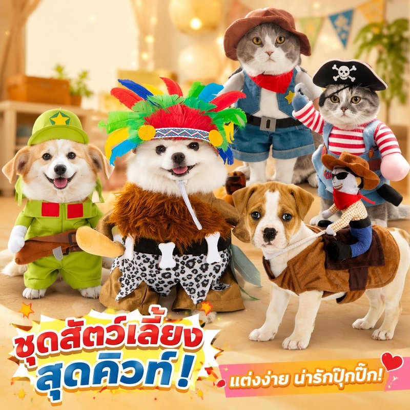 ชุดคอสเพลย์สัตว์เลี้ยง ชุดแมว ชุดหมาเล็ก ธีมอินเดียน ขนนก แว่นดำ ชุดแฟนซี ฮาโลวีน