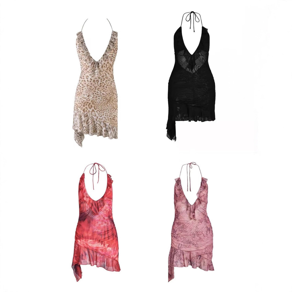 4LO5 iamgia เซ็กซี่สาวร้อนพิมพ์ V คอไม่สม่ําเสมอสลิงชุด Halter จีบ Lotus Leaf Laced-Up Dress