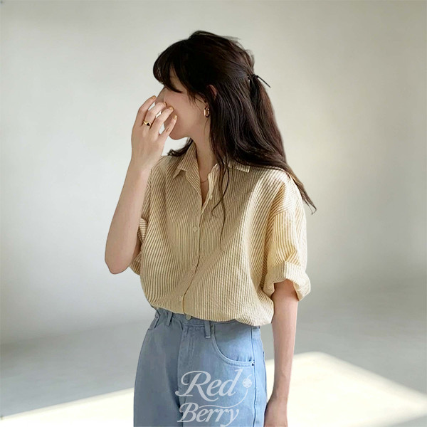 Red Berry เสื้อเชิ้ตลายทางสำหรับผู้หญิง คอปก แขนยาวสามส่วน เนื้อผ้าบางเบา เหมาะสำหรับฤดูร้อน#W761