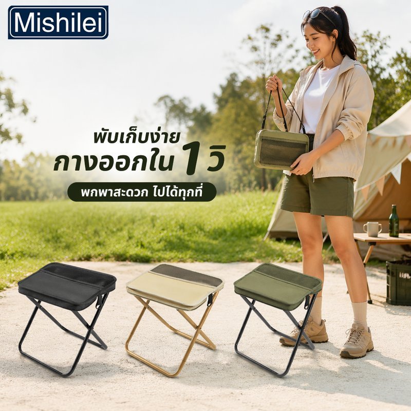 Mishilei เก้าอี้พับ กระเป๋าสะพายหลัง 2in1 เก้าอี้สนาม พกพา มีช่องข้าง เดินป่า ตั้งแคมป์ ตกปลา