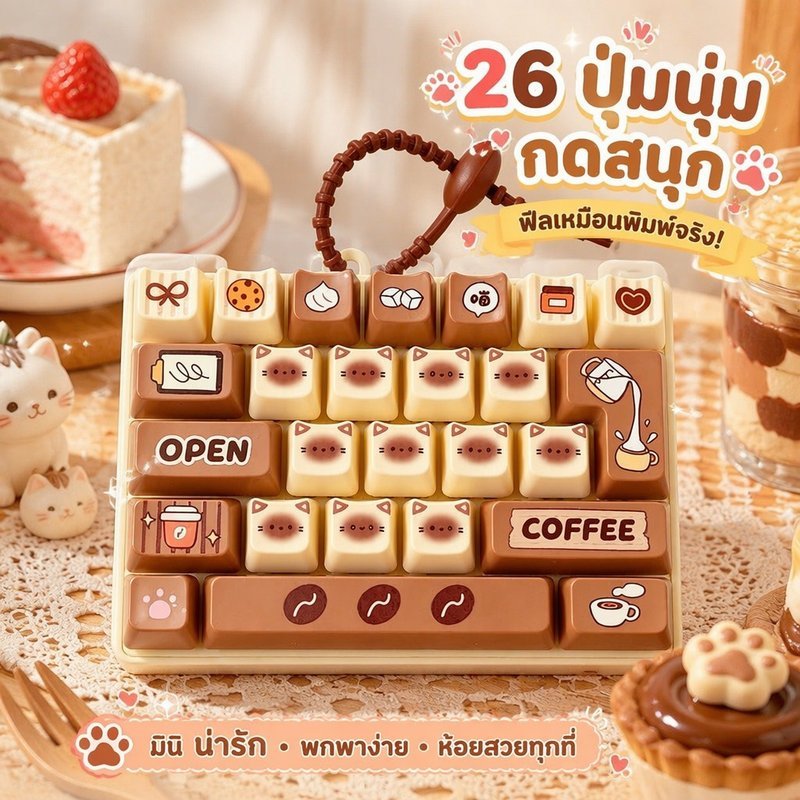 พวงกุญแจคีย์บอร์ดคลายเครียด 26 ปุ่ม กดคลิก ของเล่นพกพา ลายร้านขนมแมวน้อย แขวนกระเป๋า
