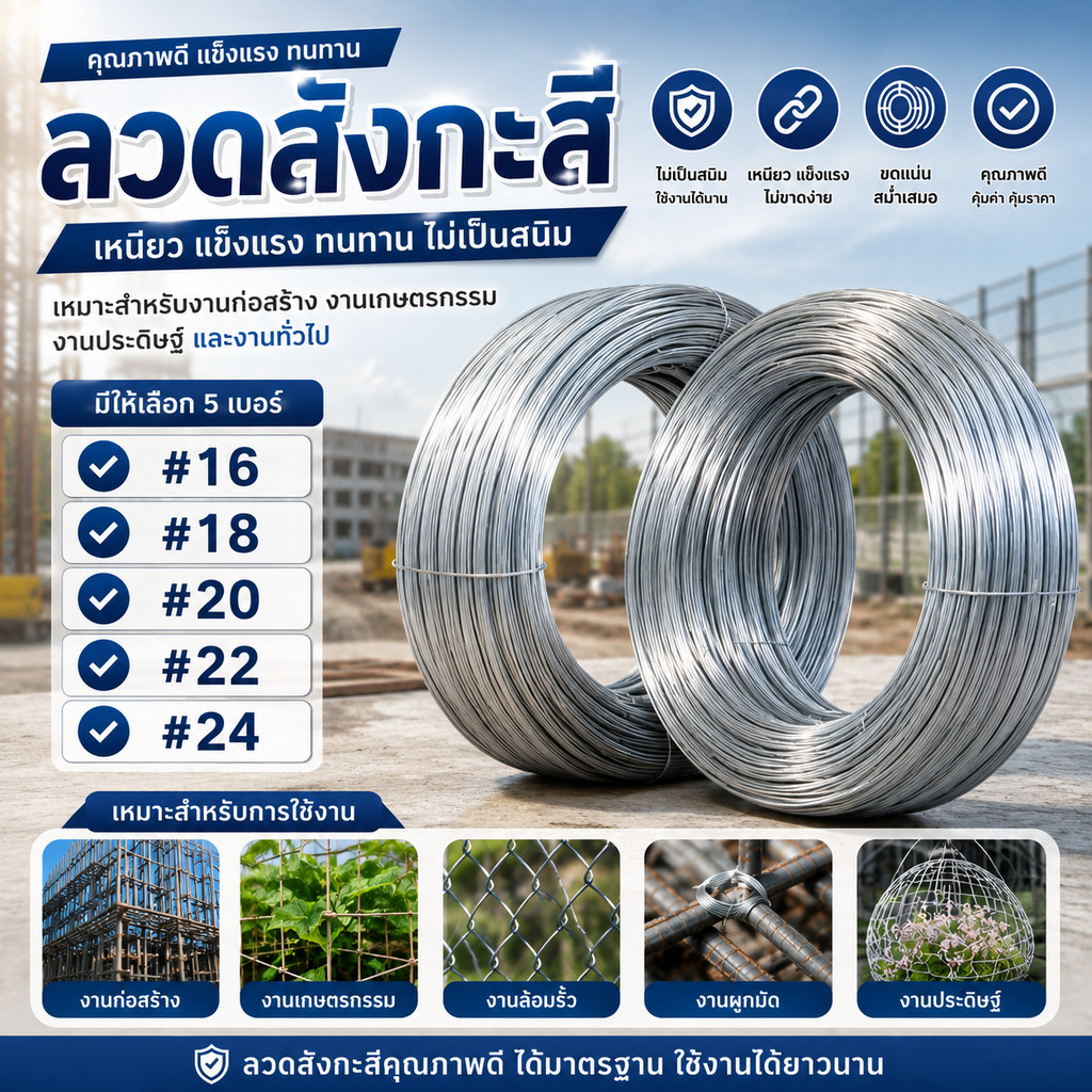 ลวดสังกะสี ชุบขาว น้ำหนัก 0.9-1kg. ลวดผูกมัดไก่ ลวดไก่ปิ้ง มีหลายขนาด