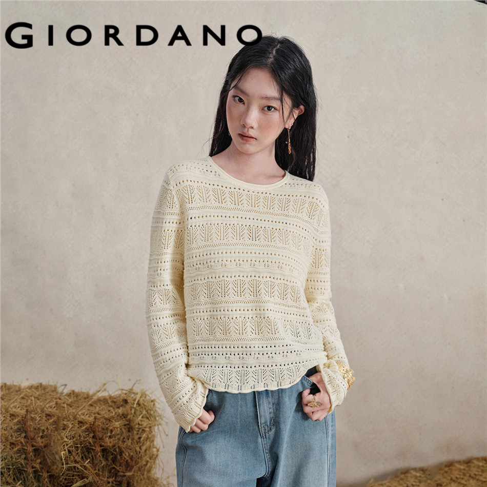GIORDANO WOMEN 100% cotton eyelet jacquard sweater 18356817