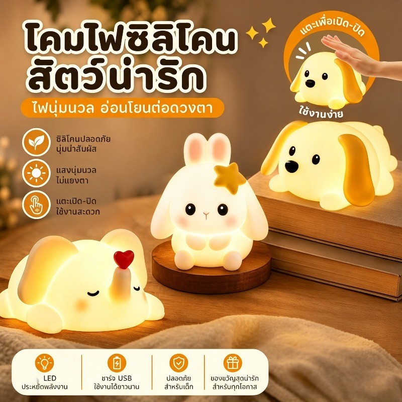 โคมไฟกลางคืนซิลิโคนนุ่ม รูปทรงน่ารัก ไฟนอนหลับ ไฟอารมณ์ ชาร์จ USB เซ็นเซอร์สัมผัส ของขวัญ