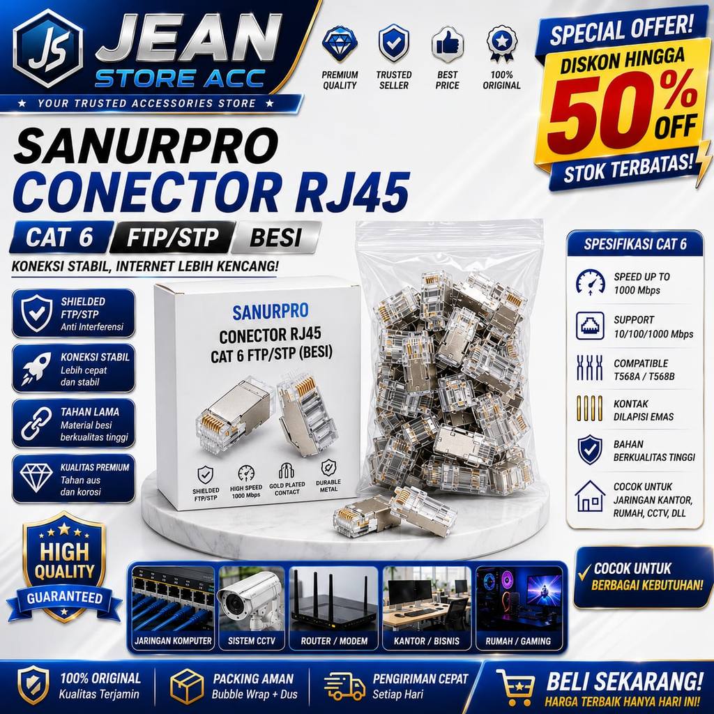 [50 ชิ้น] RJ45 CAT6 FTP STP Sanurpro เนื้อหาเหล็ก 50 ชิ้น RJ45 Shielded LAN Ethernet Plug ชุบทอง T56